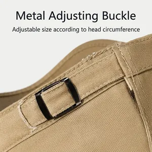 Deep beige sun hat detail showing the adjustable metal buckle on high-density cotton twill