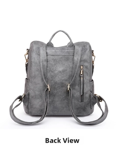 Detail view of the gray faux leather backpack back with straps and zip pocket