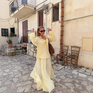 Women Pale Yellow Ruffle Pleated Top And Drawstring Midi Skirt Chiffon Long Sleeve Blouse Vacation Bohemian Style