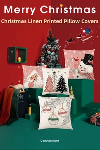 Close-up of Christmas linen pillowcase featuring Santa and snowman with Merry Christmas text