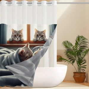 Detail of creative cat print shower curtain with waterproof fabric and reinforced metal grommets