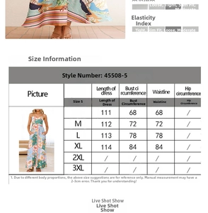 Detailed size chart for high-waisted printed maxi dress showing S to XL measurements