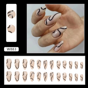 Detail view of 24pcs almond fake nails with beige base and black wave lines, W883 style