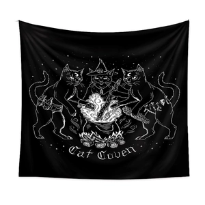 Bohemian black tapestry with cat coven design and wizard kittens around a cauldron