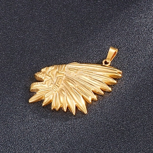 Golden hip hop Indian chief head pendant with feather headdress on dark leather base