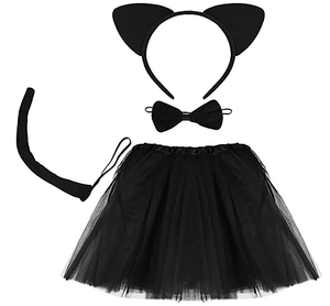 Detail view of 4-piece Halloween cat costume set with ears, bowtie, tail, and tutu