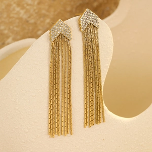 Elegant gold stainless steel tassel earrings with geometric zircon studs on a textured base