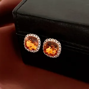 Boucles Oreilles Clous Zircon Carré Ambre Rétro Cuivre Plaqué Or Avec Tige En Argent Sterling 925 Élégant Bijoux