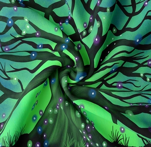 Close-up of tree of life tapestry showing soft twill fabric texture and vivid print