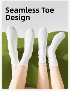 Detail of white cotton crew socks showing seamless toe design and elastic knit texture