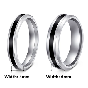 Polished stainless steel rings with black center band in 4mm and 6mm width options
