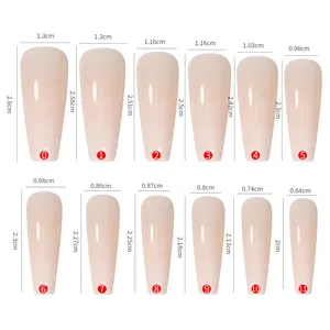 Size chart showing 12 different nail tip dimensions from 0.64cm to 1.3cm wide