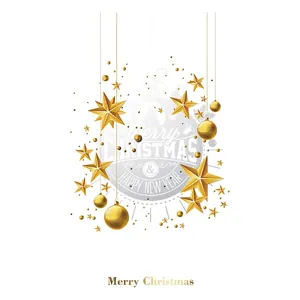 Golden Christmas window stickers with festive stars and ornaments for holiday decoration