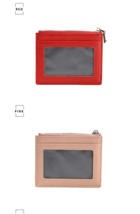 Vertical view of slim red and pink PU leather wallets with ID windows and top zippers
