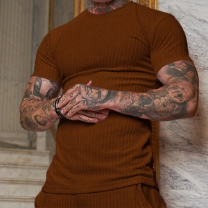 Men's brown vertical stripe knit short sleeve t-shirt with crew neck and slim fit design