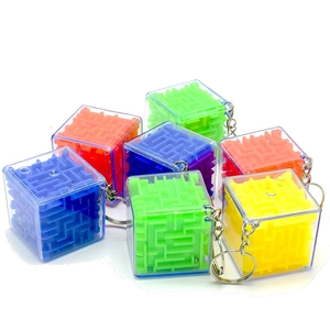 3D cube maze keychain puzzle with metal ball in blue, red, green and yellow colors