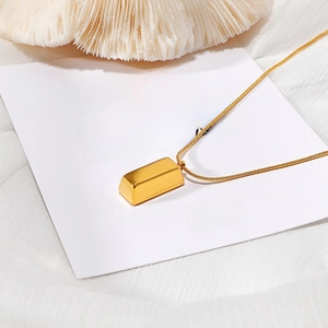 Gold bar pendant necklace with sleek snake chain for women, minimalist titanium steel style