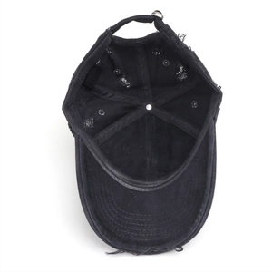 Black vintage distressed cotton baseball cap with worn edges and metal buckle strap