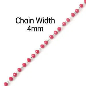 Detail of 4mm red faceted crystal beads on stainless steel chain link for DIY jewelry