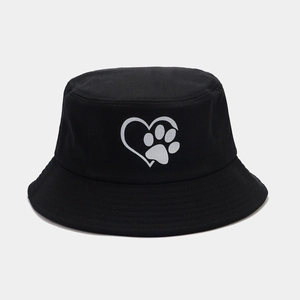 Minimalist black bucket hat with white heart paw print embroidery for summer outdoor wear