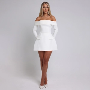 Detail of elegant off-shoulder white mini dress with long sleeves and flap pocket accents