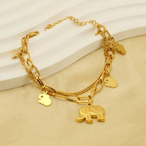 Double-layered gold titanium steel bracelet featuring elephant and cloud charms for women