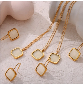 Detail showing gold tone chain necklace and square white resin pendant set on white background