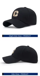 Detail shots showing high-quality gold 'C' embroidery on a black baseball cap