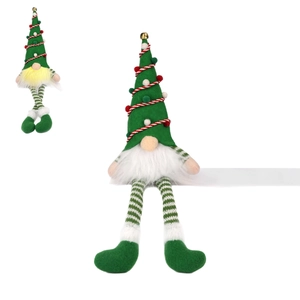 Luminous Christmas gnome ornament with green sequin hat and striped legs on white background