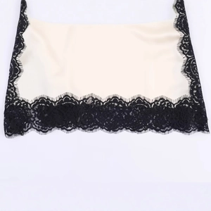 Champagne satin camisole top for women with elegant black eyelash lace trim details
