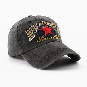 Retro washed charcoal grey cotton baseball cap with HILARITY embroidery 45-degree view