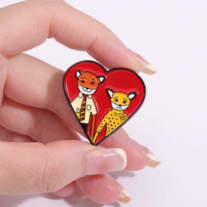 Cartoon fox couple enamel pin in a red heart shape, minimalist zinc alloy brooch design
