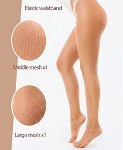 Detail of high-waist fishnet tights showing elastic waistband and various mesh sizes