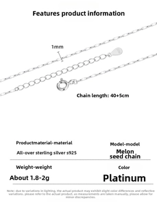 Detail of 925 sterling silver chain showing 1mm width, 40+5cm length and S925 hallmark