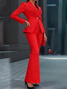 Chic red women suit set featuring slim-fit blazer and matching high-waist flared pants