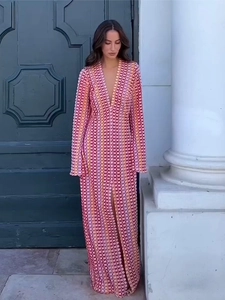 Bohemian Crochet Knit Maxi Dress Long Sleeve Deep V Neck Geometric Color Block Beach Vacation Slit For Women