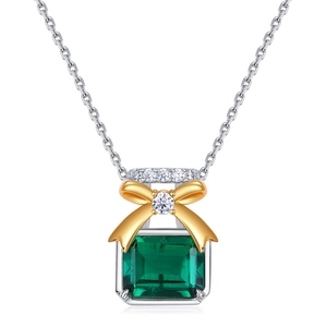 French style emerald perfume bottle pendant necklace with golden bow and silver chain