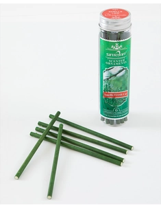 Close-up of six green pine-scented ornaments and hooks for Christmas tree decoration