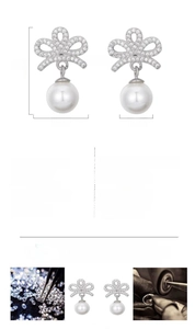 Detailed specs of pearl bow earrings featuring zircon stones and 11x22mm dimensions