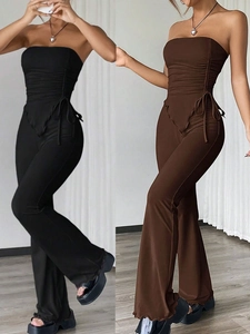 Sexy Ruched Drawstring Tube Top And High Waist Flare Pants Polyester Elastane Streetwear Fashion Clothing