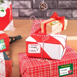 Close-up of Christmas gift tags on wrapped boxes with festive pine cone decorations
