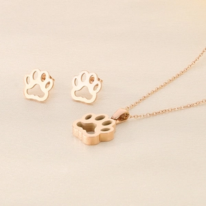 Parure collier et boucles d'oreilles en acier inoxydable rose doré avec patte de chat