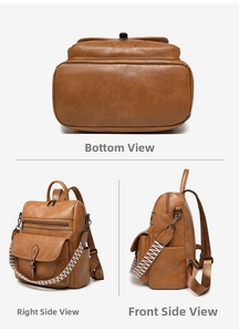 Detailed views of caramel brown faux leather backpack with vintage ethnic woven strap