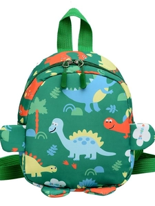 Green dinosaur kids backpack with cute cartoon prints and 3D fin details for toddlers