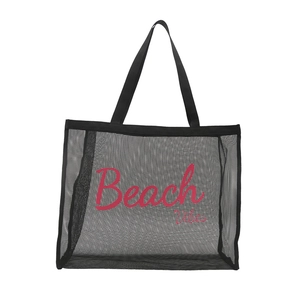 Large black mesh beach tote bag with pink Beach Vibes print for travel and fitness