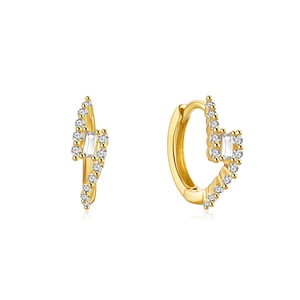 Macro shot of gold S925 silver huggie earrings with rectangle and round zircon stones