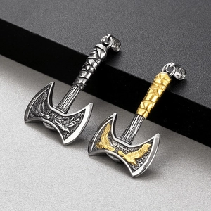 Vintage Viking Axe Pendant Necklace Stainless Steel Norse Mythology Double Headed Raven Axe Punk Jewelry For Men