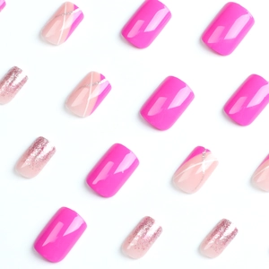 Short square pink press-on nails set with solid color glitter and silver line accents