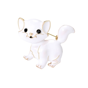 Vintage cat brooch pin with white enamel finish and gold accents on a white background