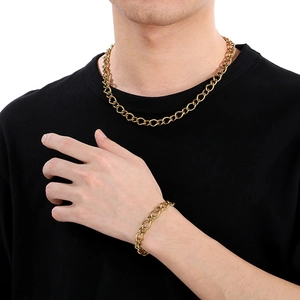 Classic gold stainless steel embossed cable chain necklace and bracelet set for women